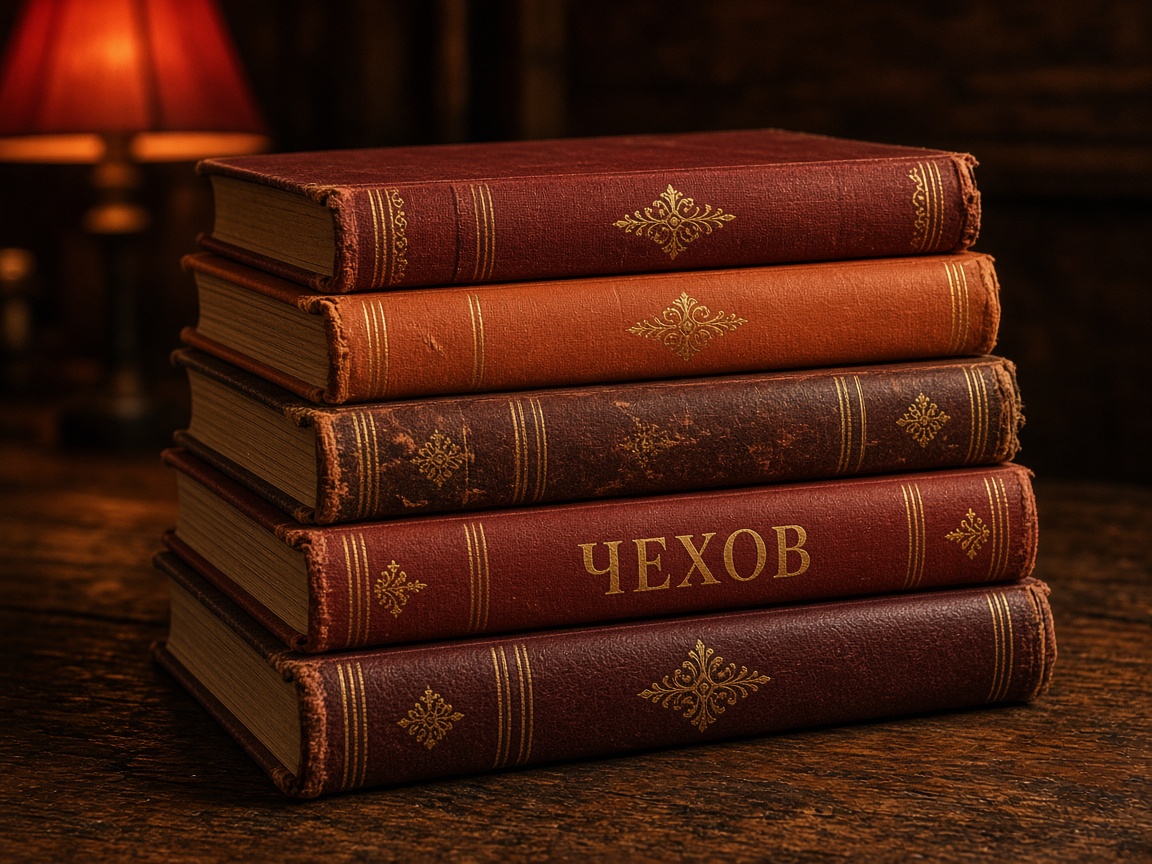 Стопка старых книг, на корешке — Чехов